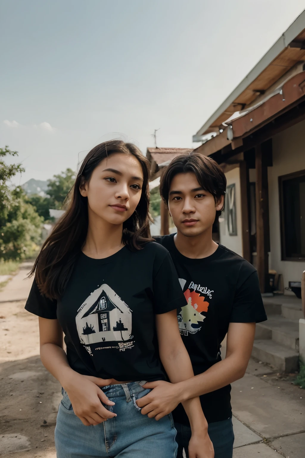 Create a t-shirt logo design with the text "guyub Rukun RT 5 / RW 4". The design should emphasize a sense of community and harmony. Use a combination of fonts for the text, with "guyub Rukun" being more prominent and "RT 5 / RW 4" as a subtitle. Incorporate relevant graphics or icons that symbolize togetherness, such as people holding hands, a house, or a tree. Select a color scheme that is warm and inviting, ensuring the text and graphics stand out on a t-shirt. The design should be suitable for printing on both light and dark t-shirt colors. Export the design in high-resolution PNG and vector formats (SVG).