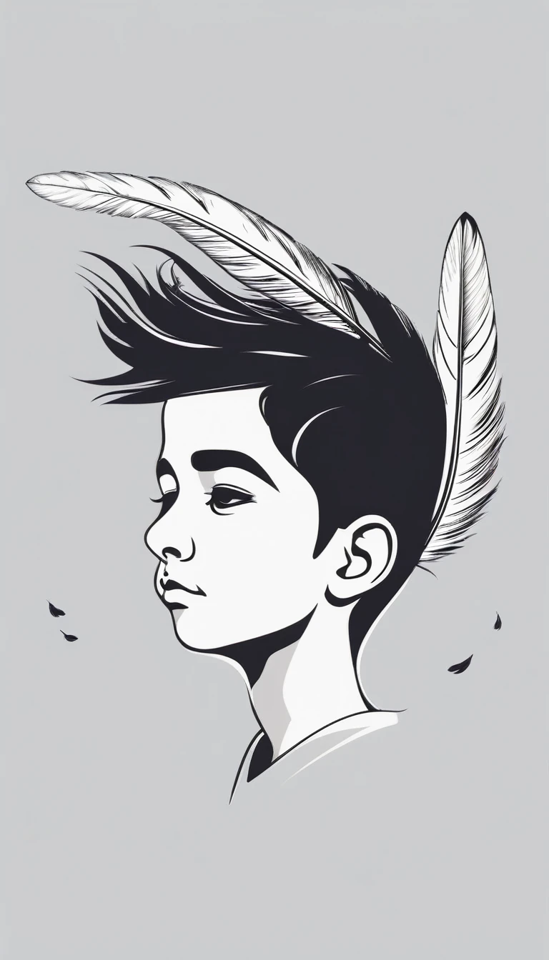 Create a minimal, modern, simple, inspirational, memorable, dream like logo design of a boy and a feather for the brand “Penamemoria".
