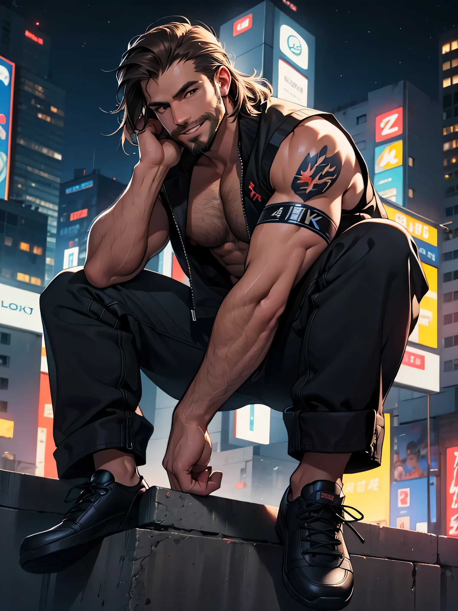 30 years old, male, hair viking style, full beard, dark brown hair, sitting on top of a building, smile on face, open blue vest, bare hairy chest, neoprene pants, neon details, worked body, cyberpunk city background, starry sky, night, (Best Quality, 4k, 8k, high resolution, Masterpiece: 1.2), ultra detailed, Male portrait, very detailed face, detailed facial features, muscular build, spectacular lighting, retro 80