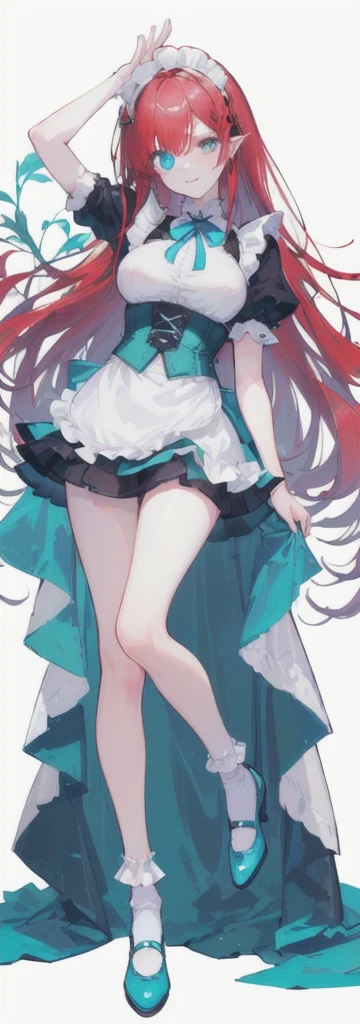 (long beautiful red hair) cyan eyes, (Eyes behind long bangs) big breasts, using accessories (using socks) perfect shiny beautiful cyan shoes (Wearing luxurious palace maid clothes Perfect perfect noble) Pose facing sideways (Girl1, straight hair not too long, bangs covering one eye, soft face, gentle smile) ((Standing position with long legs, bare thighs, image position visible from bottom of feet to top of head) long red hair, beautiful cyan eyes (Free pose, right hand down, left hand down, ((Free pose))smile kawai, (blank white background) Wearing a blue corset, (Using a beautiful bright blue ribbon) Kawai shy cute eyes (cyan colored shoes must be shiny, Must wear short white socks) ((short skirt)) short sleeves (image according to tag)