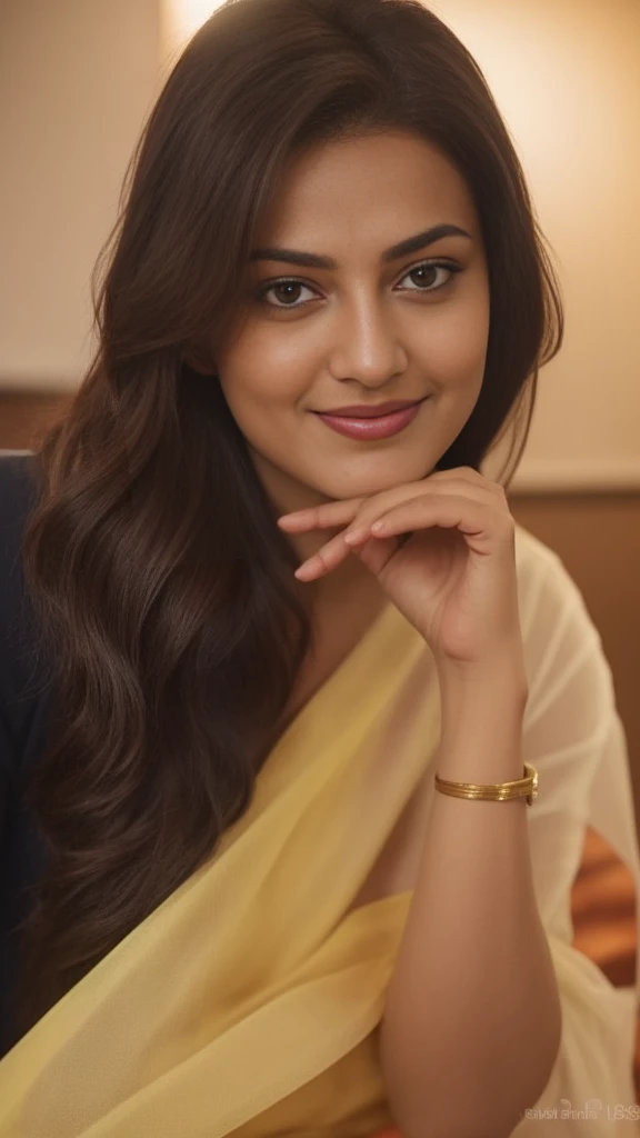 a close up of a Indian model woman in a yellow blouse and white scarp posing for a picture,beautiful natural lips with Bollywood Light lips, beautiful look, actress, pretty face!!, seductive Breasts, desi seductive smile, cute woman, candid photograph, breathtaking look, navel, cheeks, beautiful model, beautiful woman, seductive smile, shot on canon camera, beautiful face!!!!, very seductive pose, beautiful, stunning woman, [ colourful, seductive expression, cheeks, navel, beautiful pose, beautiful cute, posing, pretty, cute beautiful, (cinematic:1.3), intricate details, (ArtStation:1.2), moody, private study:1.3) POV, by lee Jeffrey, Nikon d850, film stock photograph ,4 Kodak portra 400 ,camera f1.6 lens,hyper realistic ,lifelike texture, dramatic lighting , cinestill 800, realistic,candid picture, by Max Dauthendey, dull colours