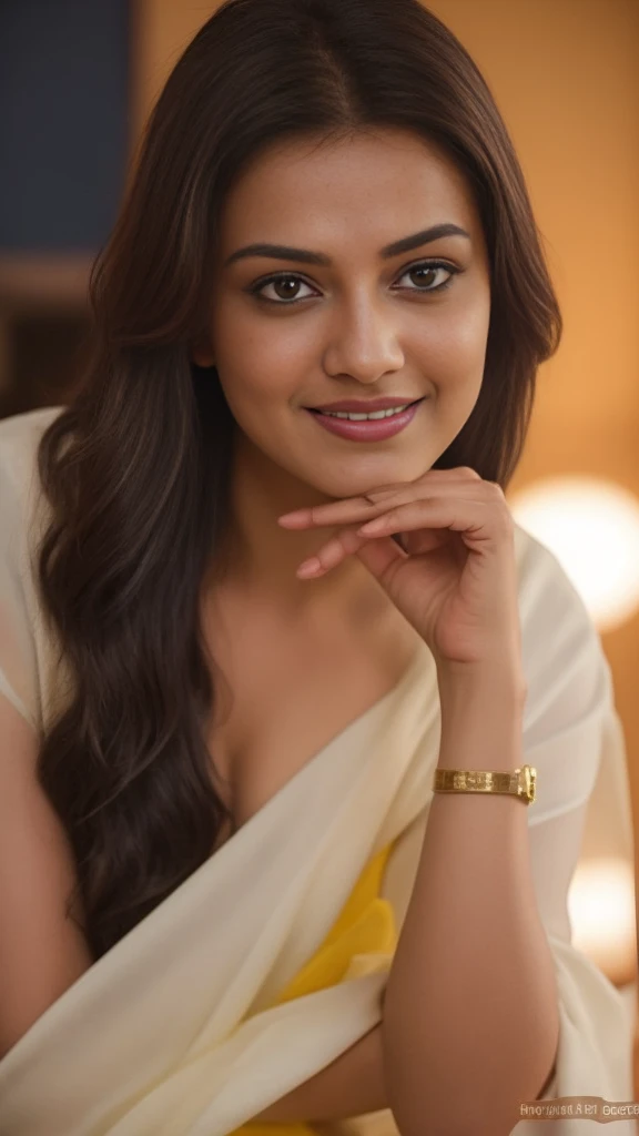 a close up of a Indian model woman in a yellow blouse and white scarp posing for a picture,beautiful natural lips with Bollywood Light lips, beautiful look, actress, pretty face!!, seductive Breasts, desi seductive smile, cute woman, candid photograph, breathtaking look, navel, cheeks, beautiful model, beautiful woman, seductive smile, shot on canon camera, beautiful face!!!!, very seductive pose, beautiful, stunning woman, [ colourful, seductive expression, cheeks, navel, beautiful pose, beautiful cute, posing, pretty, cute beautiful, (cinematic:1.3), intricate details, (ArtStation:1.2), moody, private study:1.3) POV, by lee Jeffrey, Nikon d850, film stock photograph ,4 Kodak portra 400 ,camera f1.6 lens,hyper realistic ,lifelike texture, dramatic lighting , cinestill 800, realistic,candid picture, by Max Dauthendey, dull colours