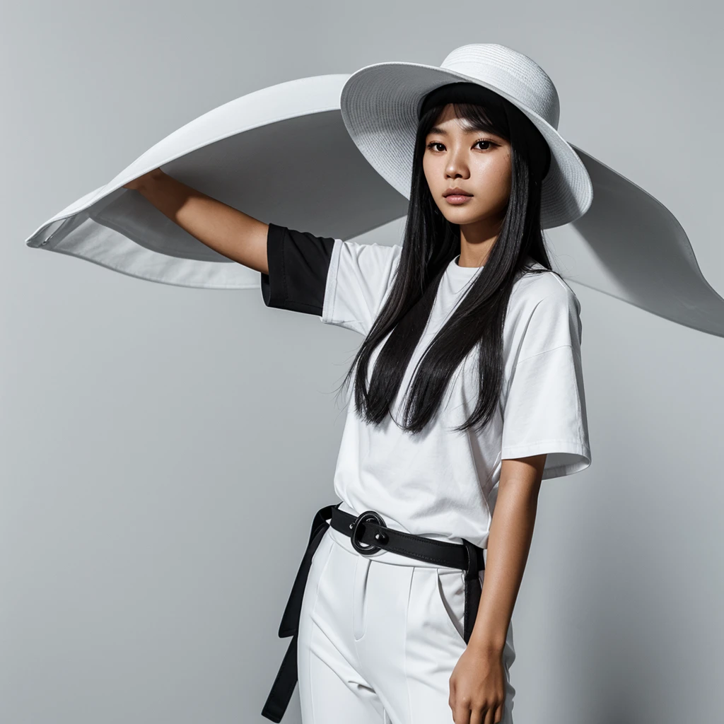 A young Indonesian woman, 25 years old, stands in front of a dark background, wearing a white hat with a wide brim, a black t-shirt with white text and graphics, white pants, and a black belt. the woman is posing with her hand near her face, the brim of the hat. The overall aesthetic is stylish and monochrome with a focus on fashion. photography, realistic, 3d, hd, detailed.