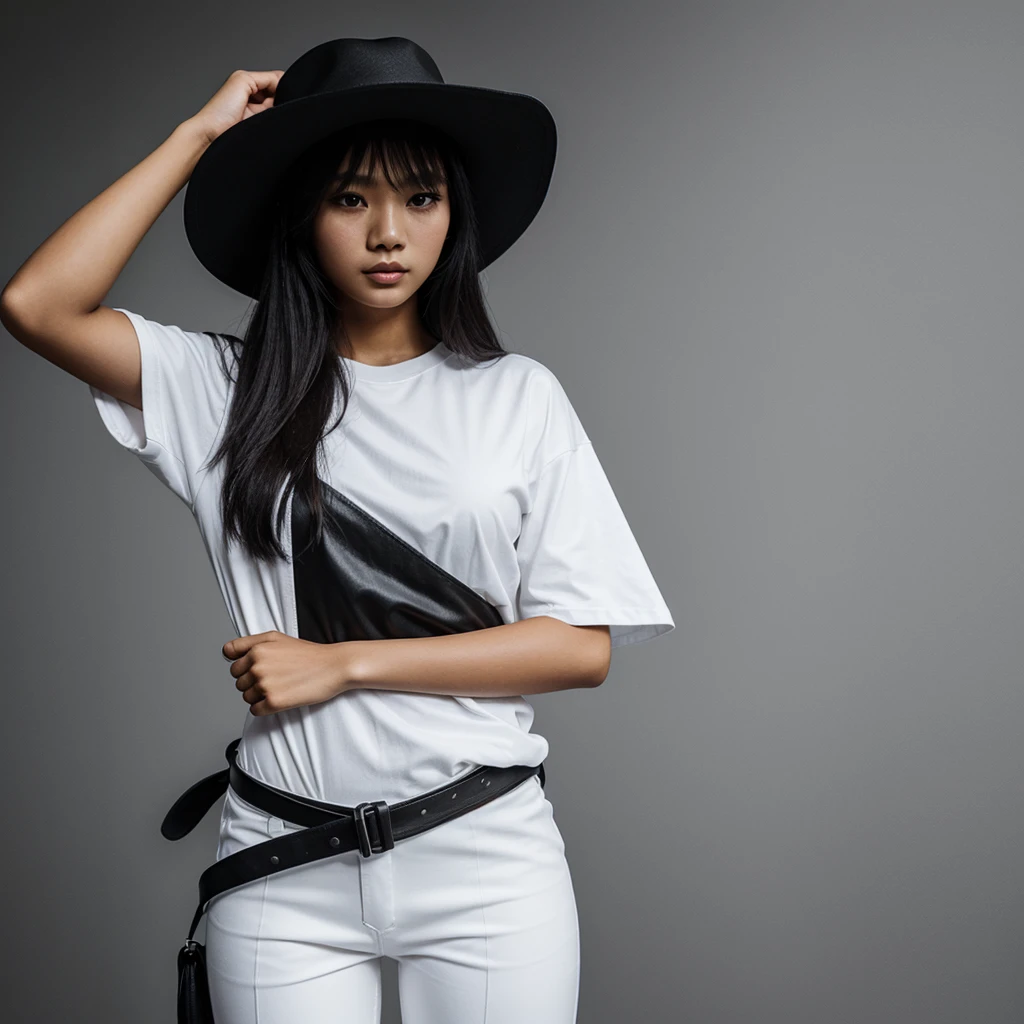 A young Indonesian woman, 25 years old, stands in front of a dark background, wearing a white hat with a wide brim, a black t-shirt with white text and graphics, white pants, and a black belt.  the woman is posing with her hand near her face, the brim of the hat.  The overall aesthetic is stylish and monochrome with a focus on fashion.  photography, realistic, 3d, hd, detailed.