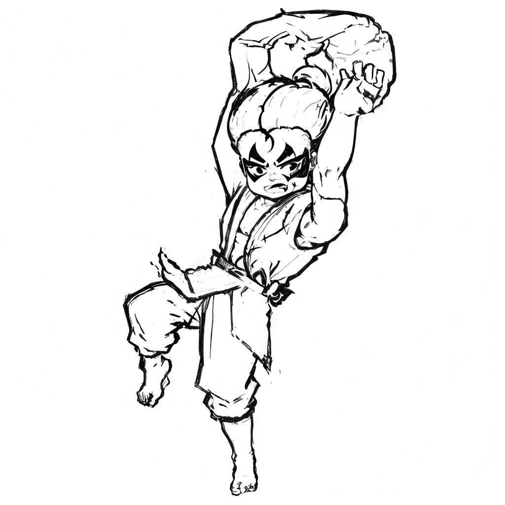 a drawing of a person in a karate outfit doing a trick, sf5 ink style, sf 5 ink style, fight pose, fighting pose, fighter pose, attack pose, positing on rock super hero pose, heroic kicking pose, stylized linework, combat pose, ??????? monk, inspired by Shūbun Tenshō, concept art of a monk