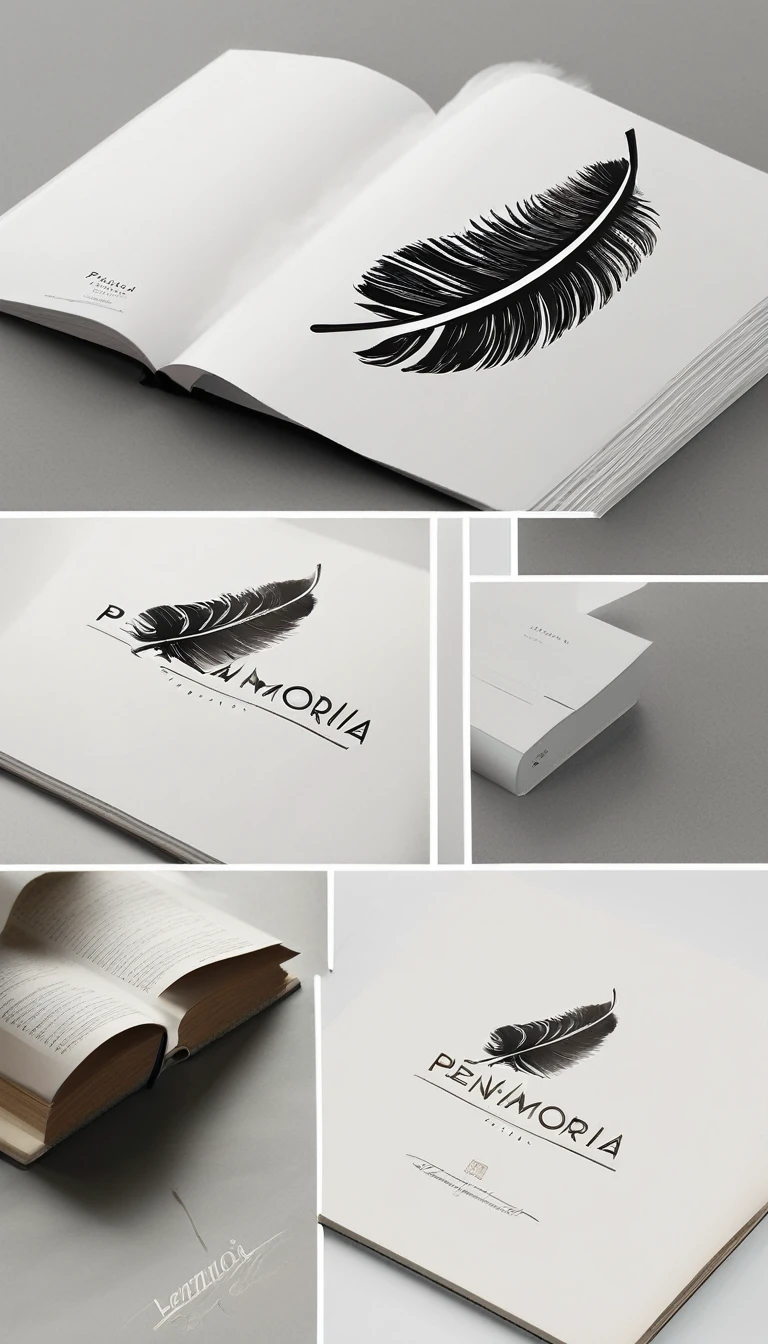 A minimal, modern, simple, cinematic logotype for the brand “Penamemoria". The logotype must be a simple, fantastic feather and a boy playing acoustic guitar. The logo must convey a sense of music, stories and dreams. Logo design impressed on a book cover. Minimalistic logo
