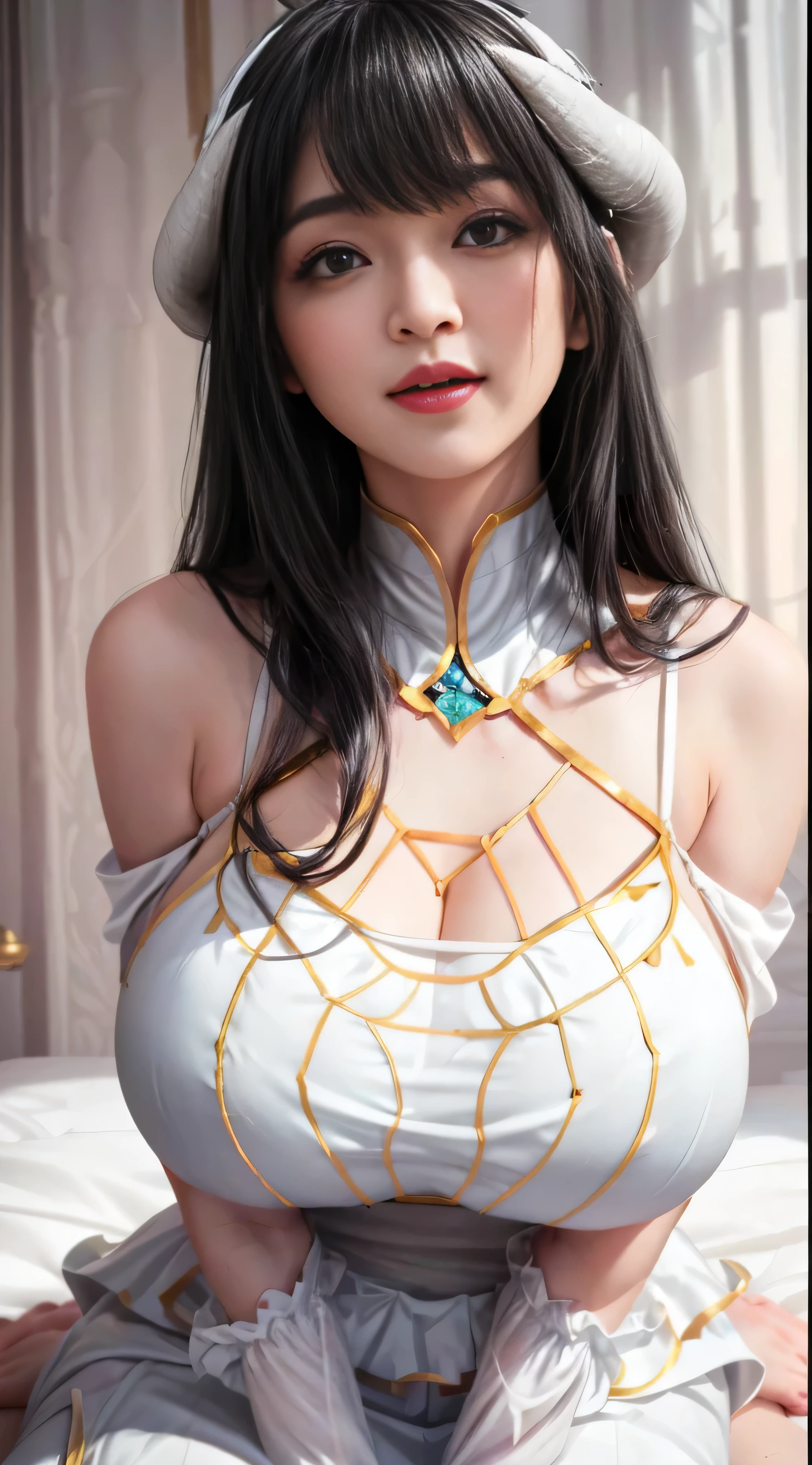 （（（albedo \(the good\), white horns, demonic horns, Pupil of the slit，White dress, long  skirt，Black wings, Feathered wings，black color hair，Golden pupils，Fashionab））），((tmasterpiece)),A high resolution, ((Best quality at best))，tmasterpiece，top-quality，Best quality，（（（ exquisite facial features，looking at viewert,There is light in the eyes，Smilingly，Self-confident ））），（（（Light and shadow interlace，huge boob，Lop，Protruding nipples））），（（（araf asian woman posing, Looking up from the bottom，face flushed，an sexy，sit on a bed，with her mouth open、Put your arms behind your head、））, horns