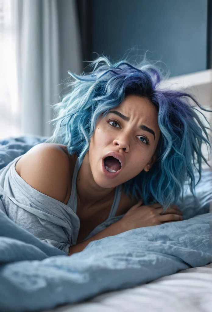 a beautiful biracial woman lying on her bed, waking up in the morning, detailed full body, messy blue hair, yawning, blue eyes, photo-realistic, 8k, high quality, natural lighting, soft colors, serene atmosphere