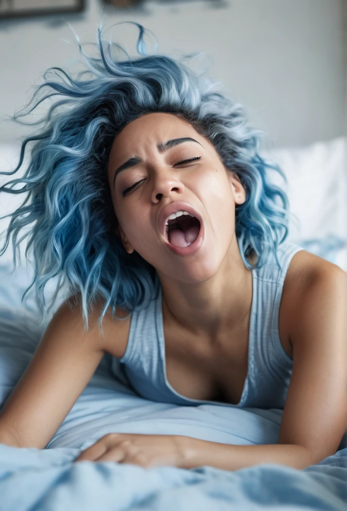 a beautiful biracial woman lying on her bed, waking up in the morning, detailed full body, messy blue hair, yawning, blue eyes, photo-realistic, 8k, high quality, natural lighting, soft colors, serene atmosphere