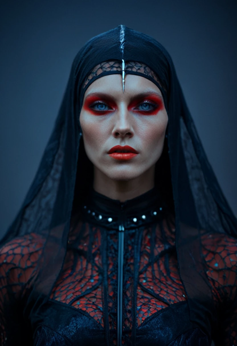 Fashionable portrait of androgynous alien looking witch wearing veil, glowing eyes, beautiful evil slavic muscular woman, futuristic design, minimal details, givenchy, photoreal, 200mm, hd, f/ 2.0, highly detailed, surreal , drop dead, in the style of red and blue, (intricate details, hyperdetailed:1.15) (skin texture:1.2), cinematic, professional, 4k, dynamic model pose, sitting, 