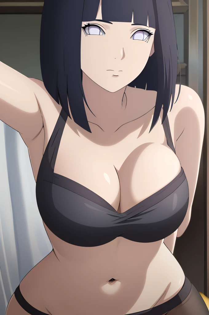 masterpiece, (intricate details), (colorful),cinematic lighting,extremely detailed CG unity 8k wallpaper ,hinata\(boruto\), 1girl,solo, large breasts, (hinata, hyuuga hinata, purple eyes, blunt bangs, black hair) big breasts, perfect breasts, large breasts, round breasts, huge breasts, black bra, bikini top, cleavage, bikini, bare shoulders, collarbone,  close shot, portrait, headshot, white backdrop, perfect eyes, glowing eyes, beautiful eyes, black background, top of head