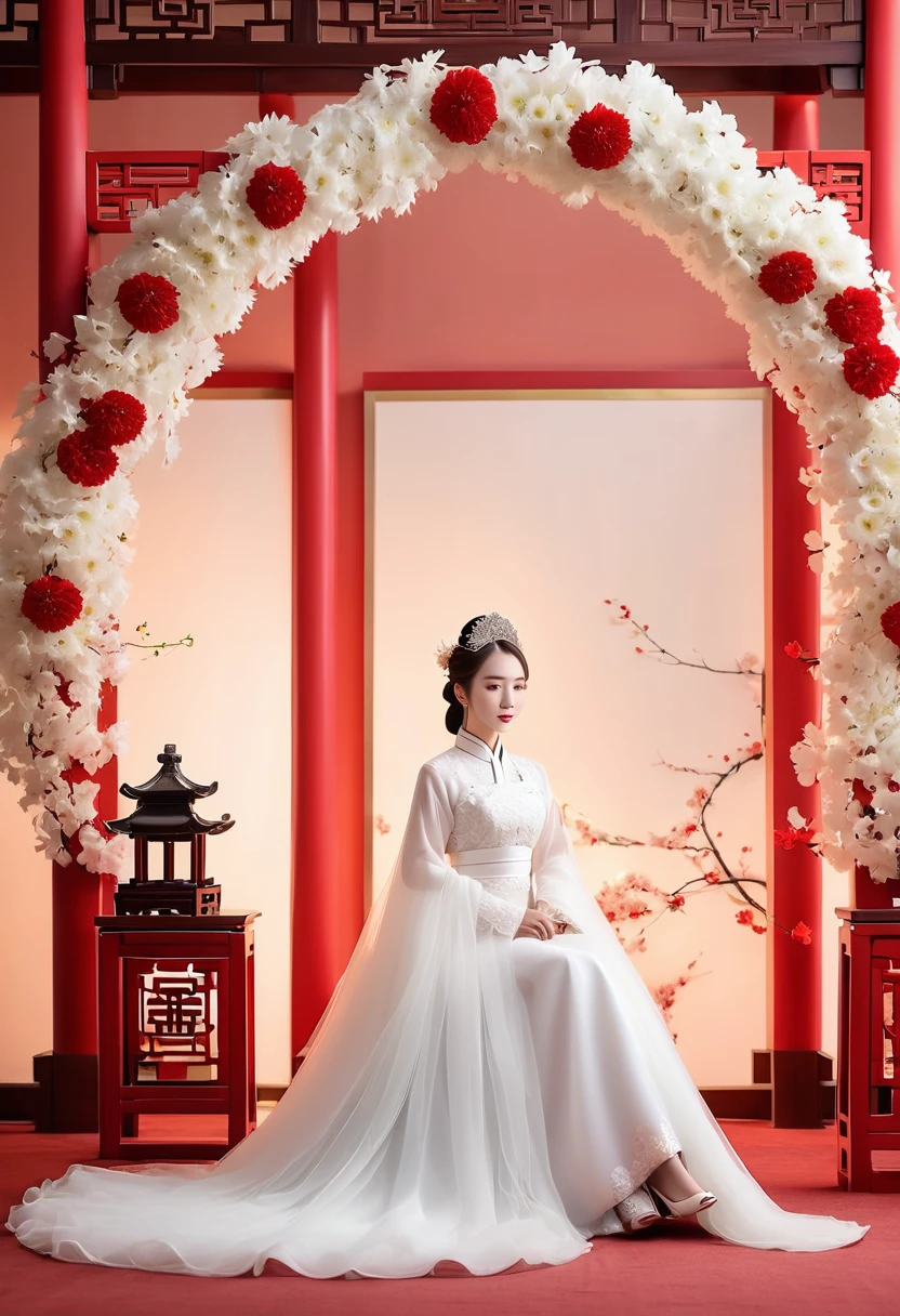 A beautiful bride in a traditional Chinese red wedding dress appears in the mourning hall for the dead,Surrounded by a white wreath、Chrysanthemums and people in white mourning clothes,panoramic,Delicate facial features,Level Screen,Mood Lighting
