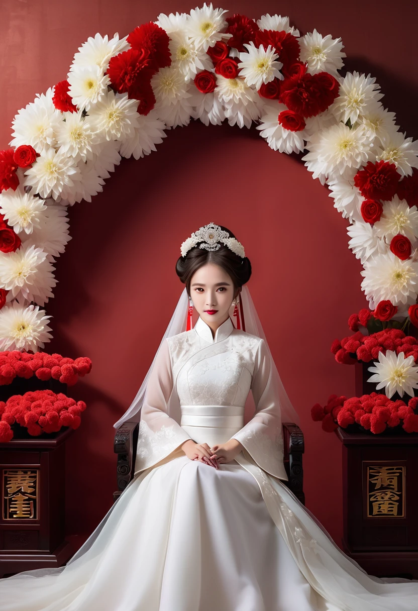A beautiful bride in a traditional Chinese red wedding dress appears in the mourning hall for the dead,Surrounded by a white wreath、Chrysanthemums and people in white mourning clothes,panoramic,Delicate facial features,Level Screen,Mood Lighting