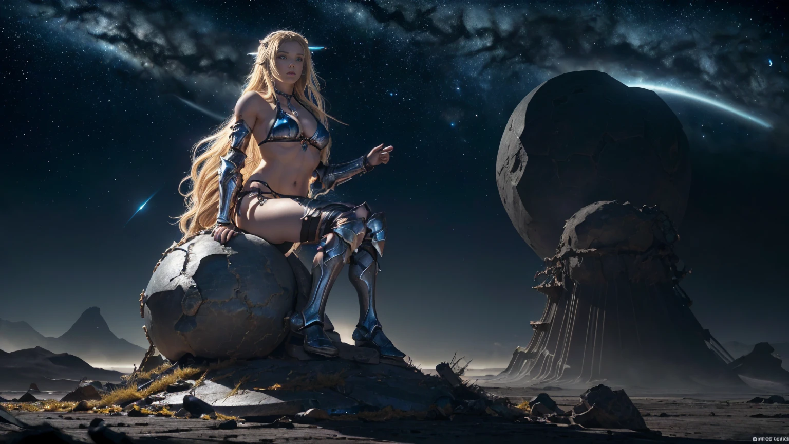 (sublime goddess:1.3) with (long blonde hair) and (blue eyes), in (bikini armor of chaos:1.3), perfect body.  Sitting on a rock on a desolate planet with the birth of a galaxy in the sky in the background. 8k, supernatural scene, wallpaper, volumetric lighting, (darkness:1.5), (upper half of the body view:1.3), (close up goddess)