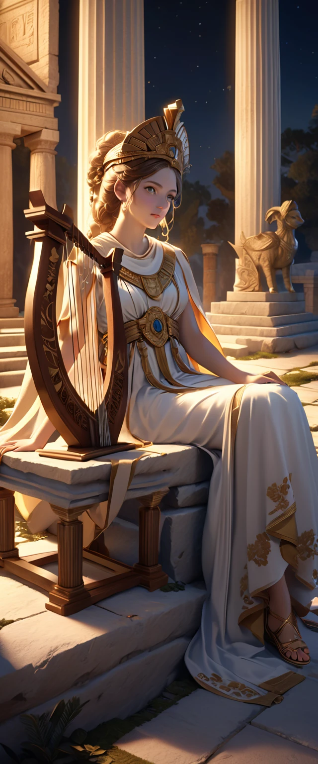 a young priestess, sitting, playing a large lyre, ancient Greek temple, late at night, highly detailed, photorealistic, realistic lighting, intricate architecture, ornate decorations, warm color palette, golden accents, soft fabric textures, mesmerizing expression, elegant pose, cinematic composition, low contrast lighting, realistic shadows, mystical atmosphere, hyperrealistic, award-winning art