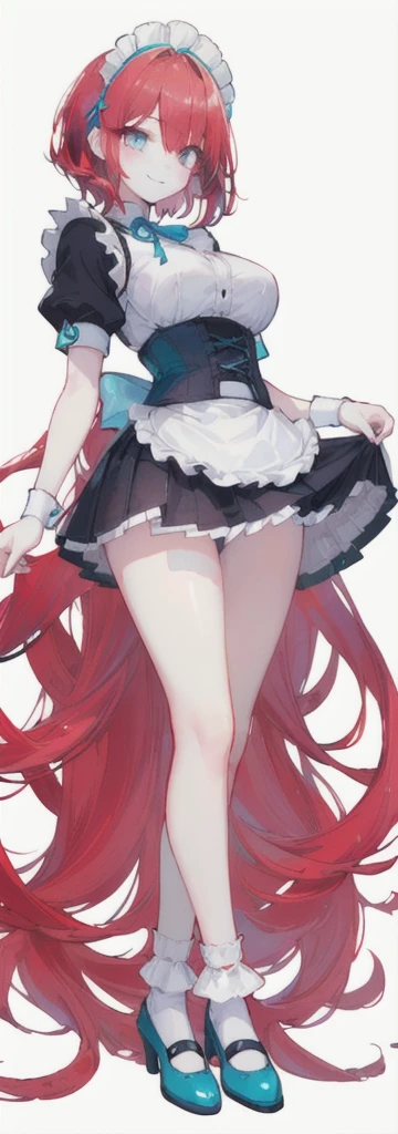 (long beautiful red hair) cyan eyes, (Eyes behind long bangs) big breasts, using accessories (using socks) perfect shiny beautiful cyan shoes (Wearing luxurious palace maid clothes Perfect perfect noble) Pose facing sideways (Girl1, straight hair not too long, bangs covering one eye, soft face, gentle smile) ((Standing position with long legs, bare thighs, image position visible from bottom of feet to top of head) long red hair, beautiful cyan eyes (Free pose, right hand down, left hand down, ((Free pose))smile kawai, (blank white background) Wearing a blue corset, (Using a beautiful bright blue ribbon) Kawai shy cute eyes (cyan colored shoes must be shiny, Must wear short white socks) ((short skirt)) short sleeves (image according to tag) Straight hair