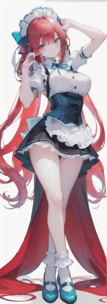 (long beautiful red hair) cyan eyes, (Eyes behind long bangs) big breasts, using accessories (using socks) perfect shiny beautiful cyan shoes (Wearing luxurious palace maid clothes Perfect perfect noble) Pose facing sideways (Girl1, straight hair not too long, bangs covering one eye, soft face, gentle smile) ((Standing position with long legs, bare thighs, image position visible from bottom of feet to top of head) long red hair, beautiful cyan eyes (Free pose, right hand down, left hand down, ((Free pose))smile kawai, (blank white background) Wearing a blue corset, (Using a beautiful bright blue ribbon) Kawai shy cute eyes (cyan colored shoes must be shiny, Must wear short white socks) ((short skirt)) short sleeves (image according to tag) Straight hair