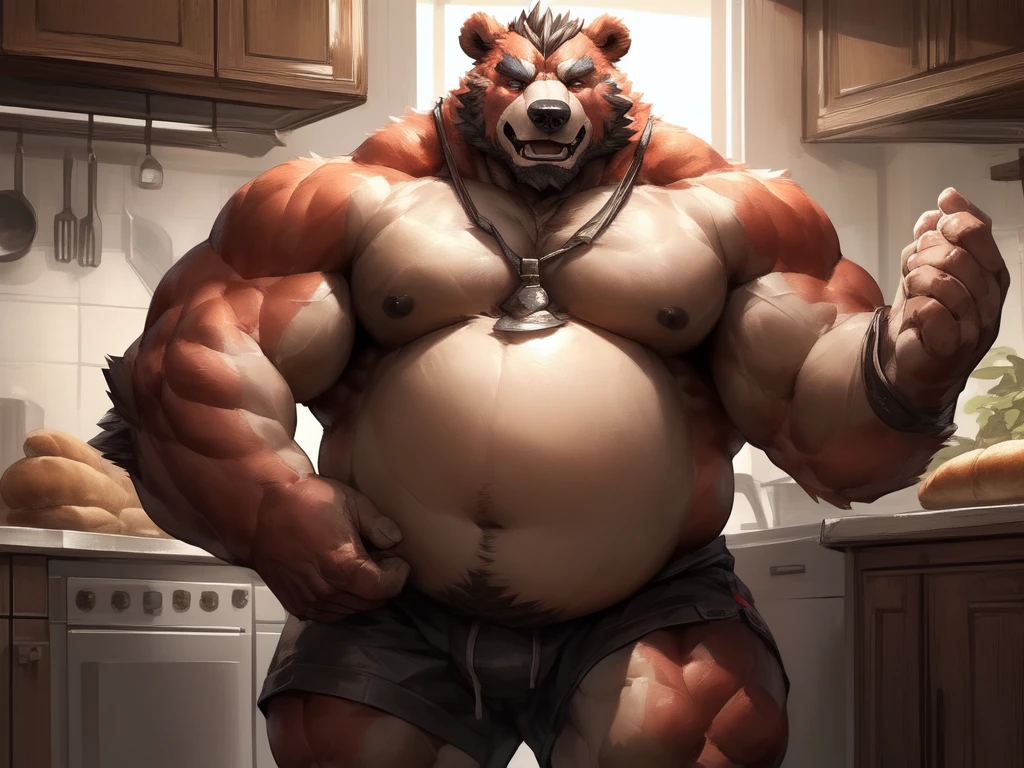 lindong, lucusold, a man with a huge muscular and fat bear making a bread, kitchen , ((muscular, musclegut, big belly)), thicc, giant and muscular, danbooru and artstation, heavy detailed, insanely inflated hips, proportionally arms, commission for high res, detailed but rough, semirealistic:1.3