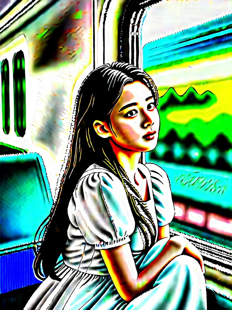 A beautiful long-haired woman in a white dress is looking at the scenery while riding a train　photograph　One Girl
