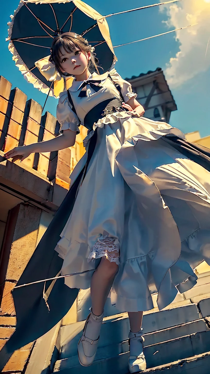 (Highest quality, masterpiece:1.2), pressure, 1. A floating maid, Her face is a cat, Sidewalk in the shopping street。She jumped into the air。She is floating in the air。(Hollow:1.2), (floating:1.2), Low angle shooting。 She floats。 levitation。 Very detailed(空に浮かぶ少女のプロのphotograph:1.37) 、Bend your legs slightly、The skirt spreads out slightly。Depth of written boundary, High resolution, 超High resolution, 8K, Very detailed, Realistic, Sun light。Maid work clothes。Ribbons, lace, frills and skirts。knees。photograph。Staring at the camera。Face Focus。(((Shooting from below:1.4)))