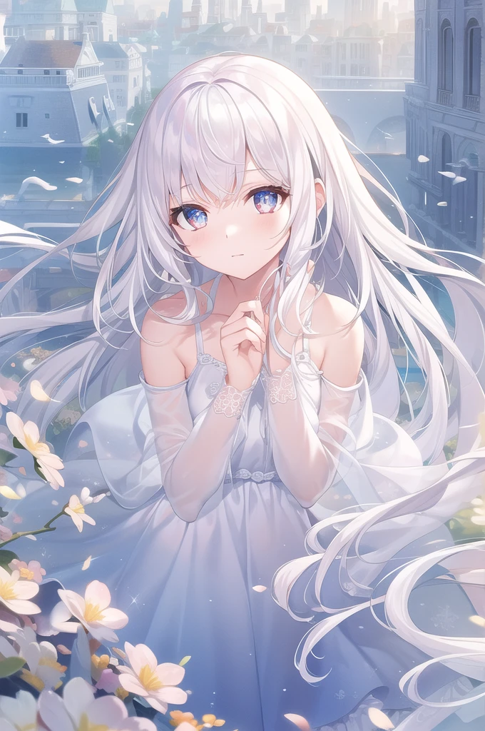 ((masterpiece, best quality))++, Detailed lighting+, Detailed hair+, Detail hand+ ,1 girl, Miss, Long hair, Crimson eyes, beautiful eyes, young white hair,,(Beautiful white hair:1.5),(Beautiful and delicate eyes), high resolution+,glass tint, Reflective eyes, {{angle}} , Very detailed wallpaper, The original, ,Sea of Flowers,Air bangs,city road,Extremely beautiful CG,