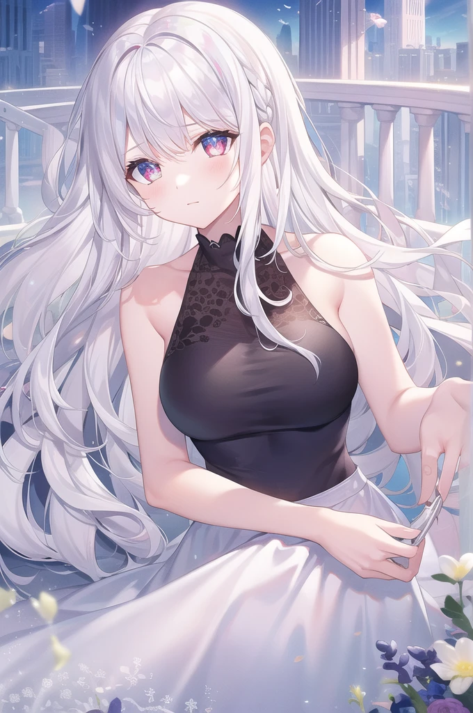 ((masterpiece, best quality))++, Detailed lighting+, Detailed hair+, Detail hand+ ,1 girl, Miss, Long hair, Crimson eyes, beautiful eyes, young white hair,,(Beautiful white hair:1.5),(Beautiful and delicate eyes), high resolution+,glass tint, Reflective eyes, {{angle}} , Very detailed wallpaper, The original, ,Sea of Flowers,Air bangs,city road,Extremely beautiful CG,