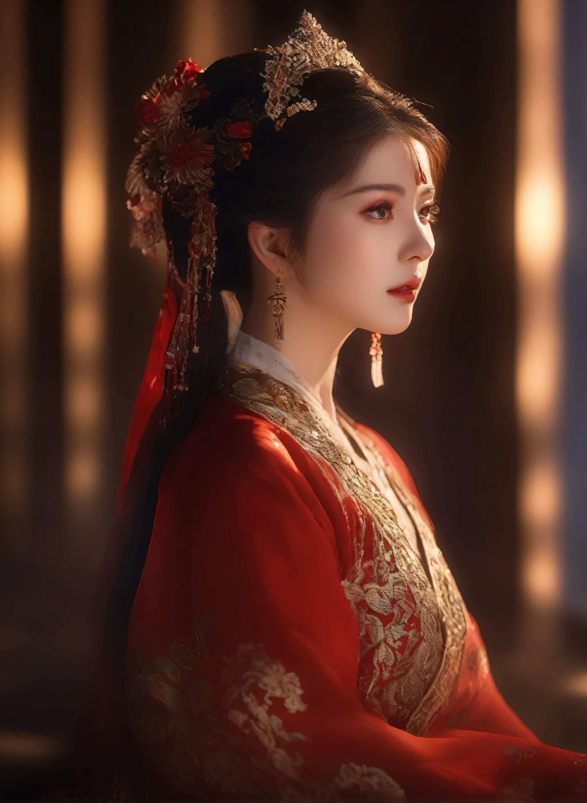 (masterpiece, best quality, Very detailed, The best shadow), (Detailed background), (Delicate face), High contrast, (Optimal lighting, Extremely refined), Colorful, Extremely detailed, Dramatic lighting, Beautiful background, Intricate details, (1 girl, Solitary, Colorful hair, Pointed face, Red Eyes, Hair between the eyes, Dynamic Angle, Red clothes), Looking at the audience, Blood,(Broken Gek Ring, in the room, whole body, Delicate eyes, beautiful eyes, 8K, 4K, best quality, masterpiece, beautiful eyes, realism