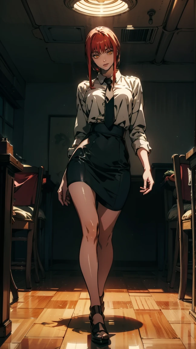 The character Makima from the anime series Chainsaw Man, fragile, full length (Full body 1.1.), dark background, darkness, Correct anatomy 1.1, holds his hands behind his back, correct hand anatomyVery sexy, erotica, very feminine, beautiful figure, legs, buttocks, Beautiful body, red hair, orange eyes, Red circles for ren, summer dress, sexy pose, realistic, very detailed, Beautiful body, detailed body, detailed hands, detailed, Vibrating, detailed Face, Makima character design. very detailed, detailed body, detailed hands, detailed Face, anime art, Hugh Details, Very downcast face, detailed eyes, Super thin illustration, best shadow, Fine detail, beautiful detailed glow, beautiful detailed, Extraordinarily beautiful, extremely detailed, inexpressive, epic composition, Anime style. anime art anime art, Anime style,
