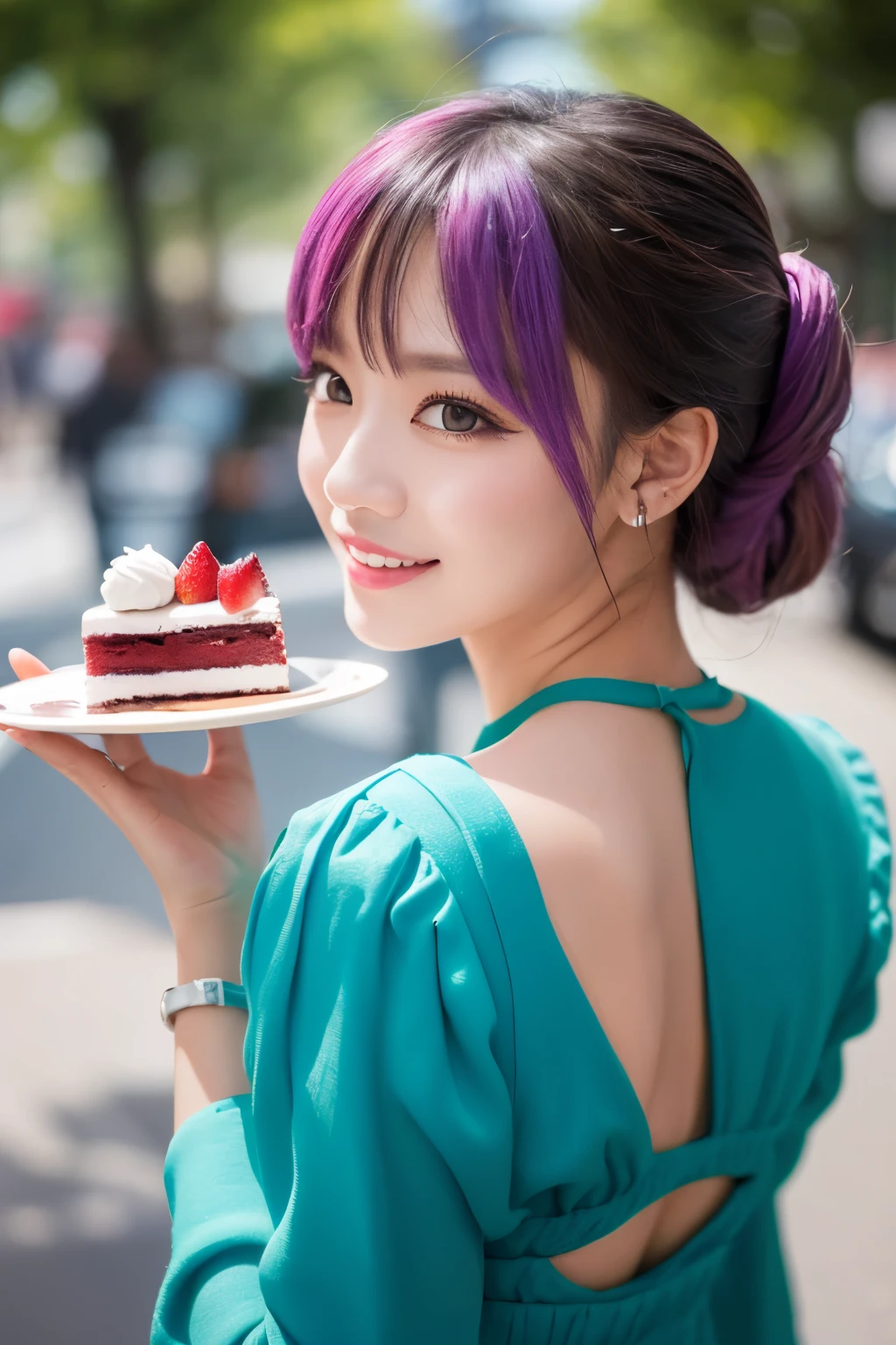 (dessert、Eat cake)、high quality, High resolution, masterpiece, completion, detailed.impressive, Cutting-edge female photography portraits, Showcasing a bold and daring street-art style. Facing forward、A gentle smile、Soft look, cyan, and purple, Her vibrant makeup really catches the eye.. Her colorful hair is tied up high, Blue and pink hues in harmony. Blends seamlessly with the dynamic colors of your subject