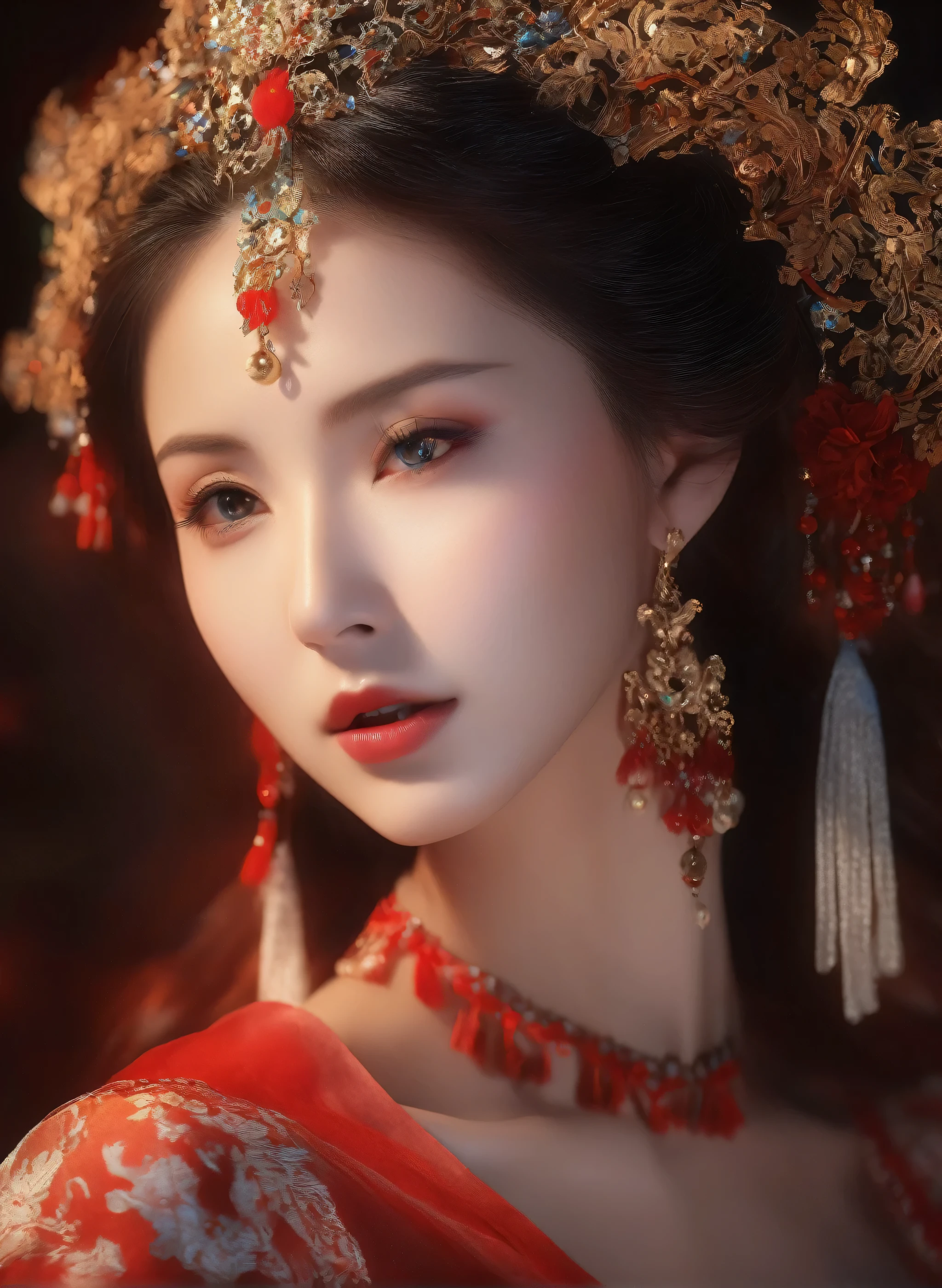 (masterpiece, best quality, Very detailed, The best shadow), (Detailed background), (Delicate face), High contrast, (Optimal lighting, Extremely refined), Colorful, Extremely detailed, Dramatic lighting, Beautiful background, Intricate details, (1 girl, Solitary, Colorful hair, Pointed face, Red Eyes, Hair between the eyes, Dynamic Angle, Red clothes), Looking at the audience, Blood,(Broken Gek Ring, in the room, whole body, Delicate eyes, beautiful eyes, 8K, 4K, best quality, masterpiece, beautiful eyes, realism