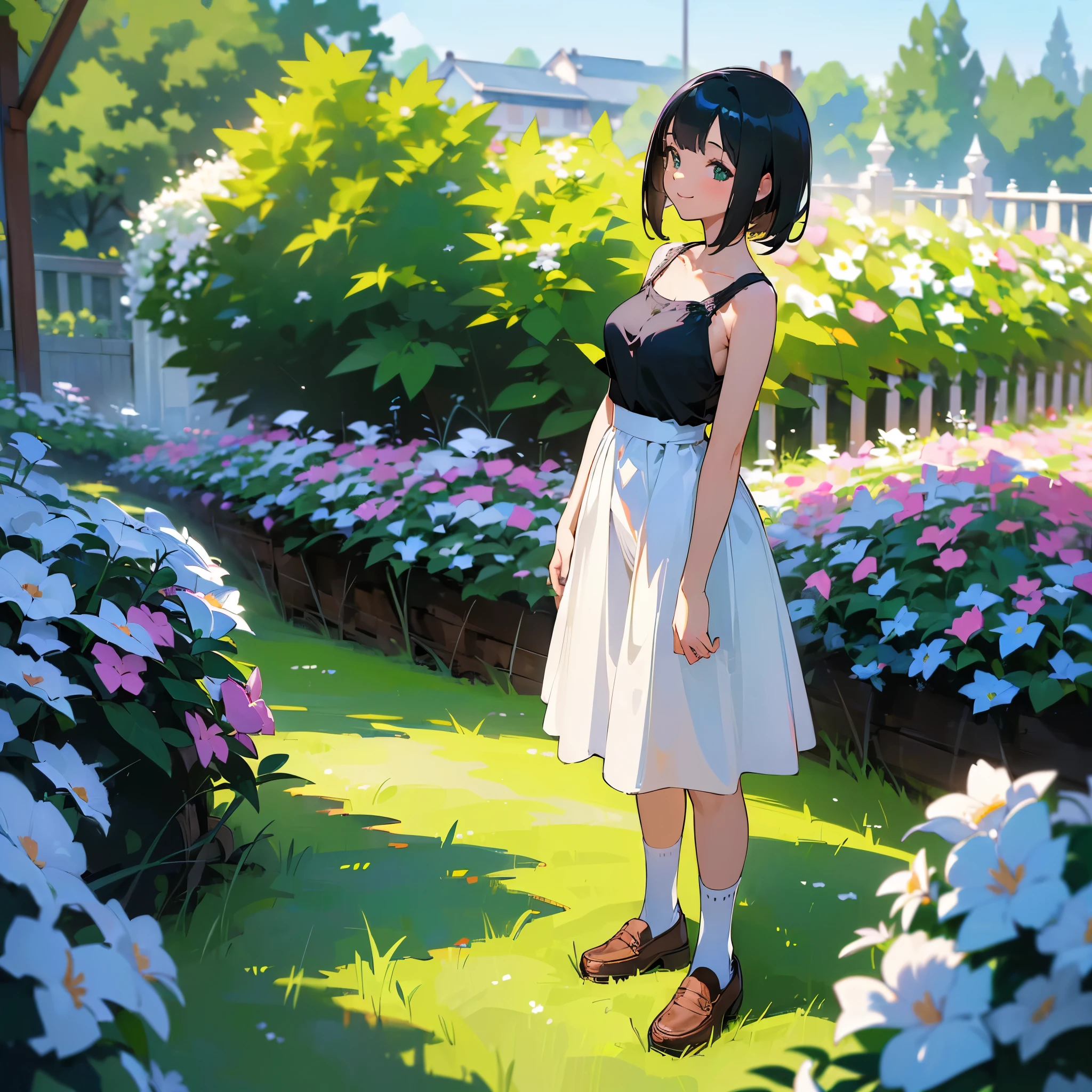 (high quality, High resolution, Very detailed, reality:1.37), Peaceful atmosphere, (Outdoor, garden), Teenage girl standing alone, (my breasts are big.), Beautiful details, Cute Smile, (Black bob hair), White camisole dress, White socks, loafers.