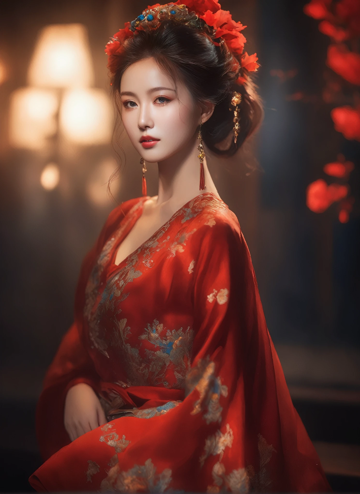 (masterpiece, best quality, Very detailed, The best shadow), (Detailed background), (Delicate face), High contrast, (Optimal lighting, Extremely refined), Colorful, Extremely detailed, Dramatic lighting, Beautiful background, Intricate details, (1 girl, Solitary, Colorful hair, Pointed face, Red Eyes, Hair between the eyes, Dynamic Angle, Red clothes), Looking at the audience, Blood,(Broken Gek Ring, in the room, whole body, Delicate eyes, beautiful eyes, 8K, 4K, best quality, masterpiece, beautiful eyes, realism