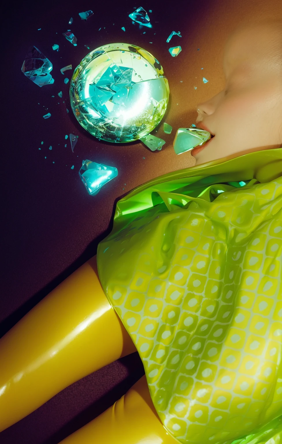 This image features a woman lying on an asphalt surface, dramatically illuminated by a spotlight that highlights her vivid features against the dark backdrop. Her glossy, satin-like skin glows under the intense light, emphasizing her serene and graceful appearance. Her striking blue hair, styled in a modern, edgy cut, contrasts sharply with the surrounding darkness, enhanced by the spotlight's focus. She wears a bright green dress with a playful geometric pattern, and her bold yellow gloves add a splash of color, further accentuated by the spotlight's beam. The purple background, framed by a white outline, deepens the dramatic contrast, focusing the viewer's attention on her as the central figure in this vividly lit nocturnal scene.. glossy texture, smooth 3d model, multiple light sources, rim light, sharp post effects render, (glossy plastic texture with multiple big light probe refractions), perfect cgi, smooth silhouette, high intensity refraction, (super glossy plastic material), most beautiful vfx, , realistic, 4k, high resolution, rim light, smooth 3d model, multiple light sources, rim light, sharp post effects render,, realistic, 4k, high resolution, rim light detailed digital art, reflective, best quality, 4k, masterpiece:1.2, ultra-detailed, realistic, vivid colors, The image of the highest quality, ensuring every detail showcased perfectly. It in 4k resolution, allowing viewers to immerse themselves in the richness of the colors and intricate details. The realistic rendering. under the spotlight, reflecting, high-resolution image, realistic rendering