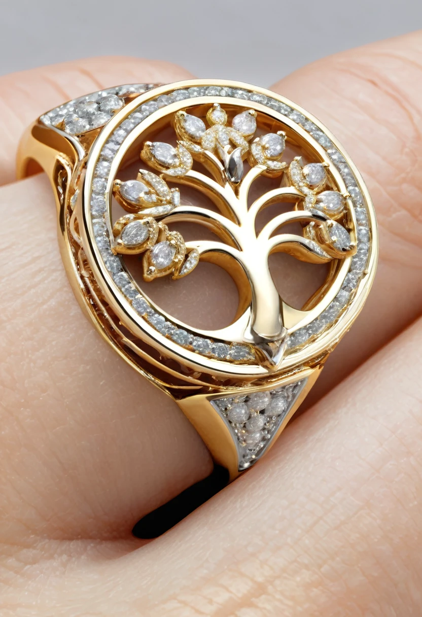  Describe the breathtaking elegance of the luxurious tree ring adorned with diamonds and gold, highly detailed, 8k 