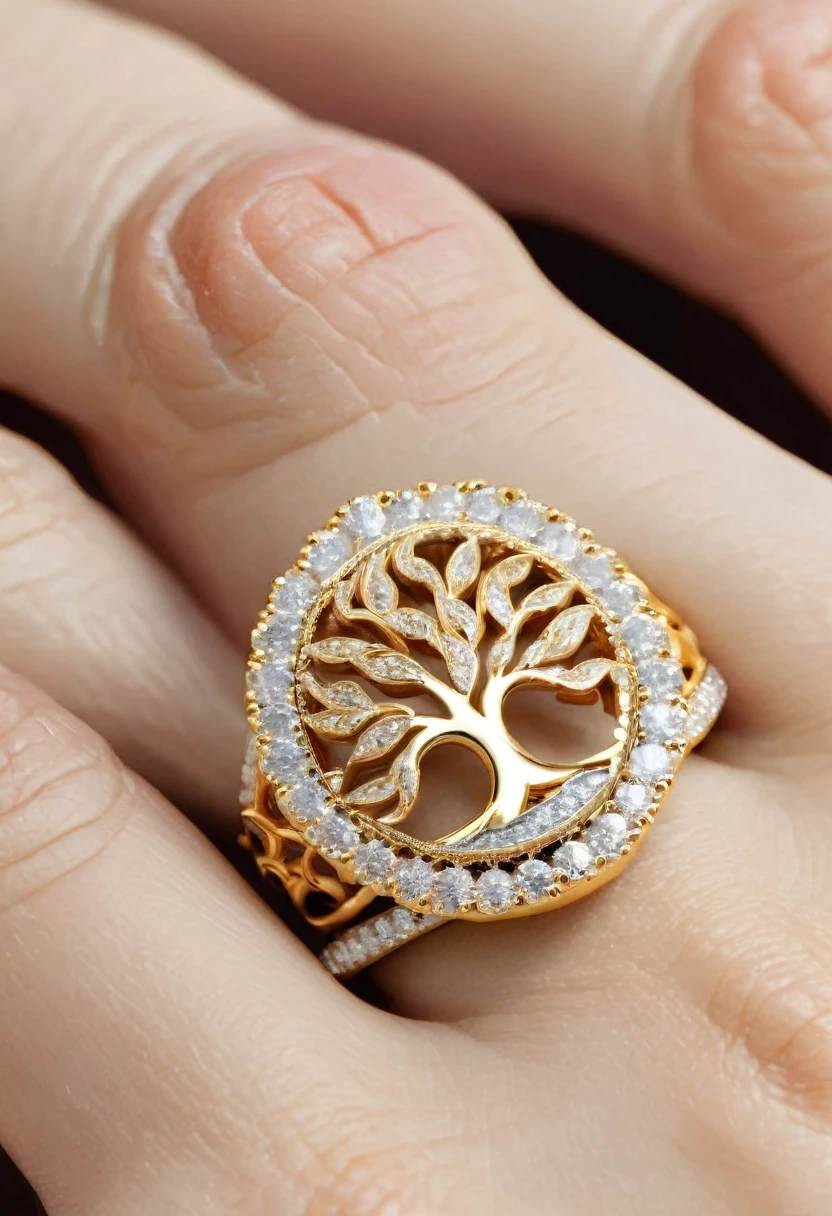 Describe the breathtaking elegance of the luxurious tree ring adorned with diamonds and gold, highly detailed, 8k