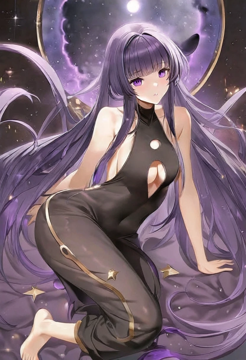 Athena，Extra long purple hair，Purple Eyes，Black one-piece dress，adult female figure，There are small purple and gold decorations，The long jumpsuit is very sexy，barefoot，A black hole in the background universe，Purple black hole