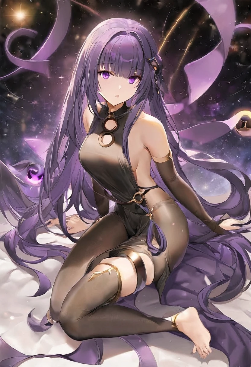 Athena,Extra long purple hair,Purple Eyes,Black one-piece dress,adult female figure,There are small purple and gold decorations,The long jumpsuit is very sexy,barefoot,A black hole in the background universe,Purple black hole