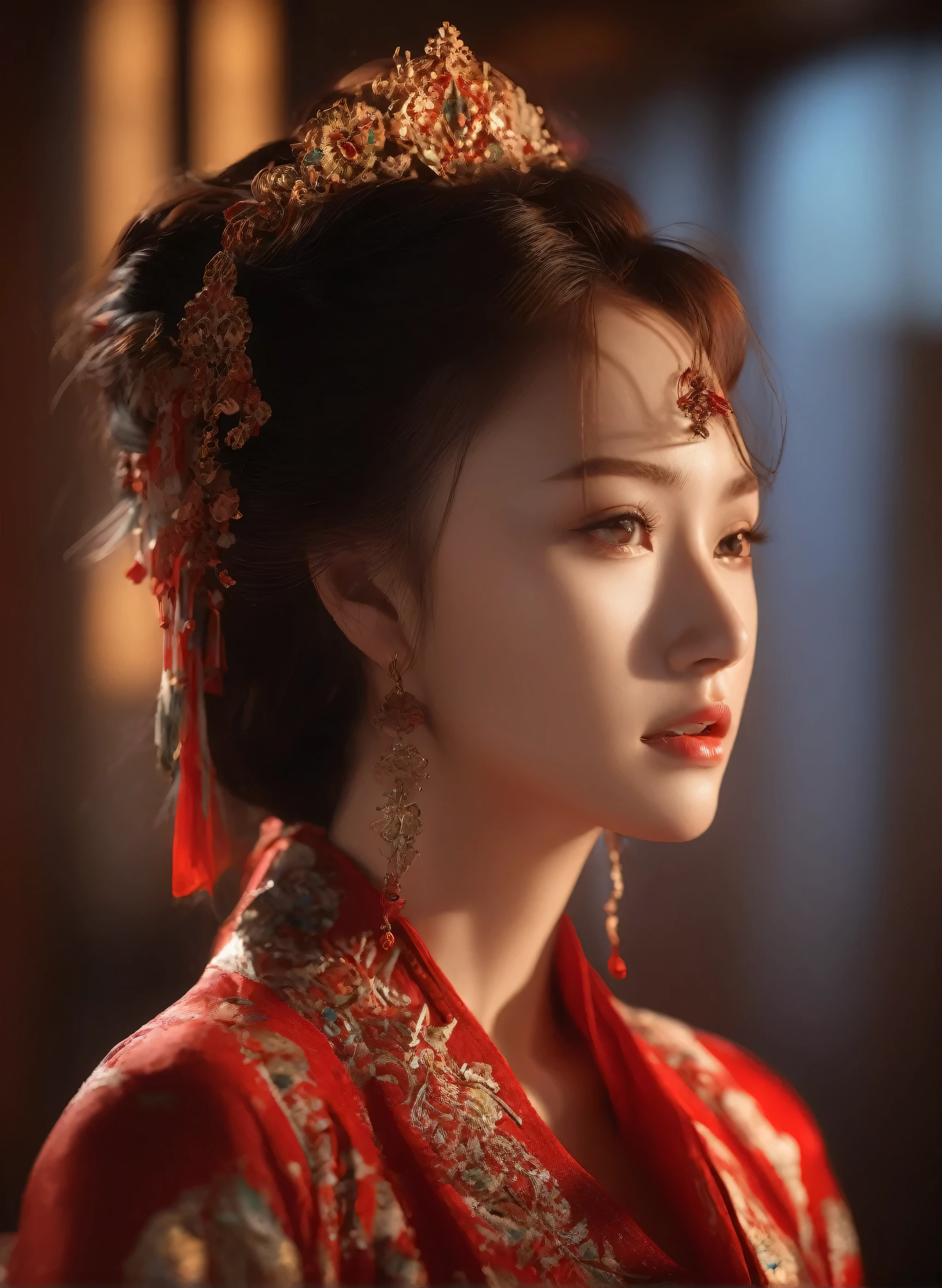 (masterpiece, best quality, Very detailed, The best shadow), (Detailed background), (Delicate face), High contrast, (Optimal lighting, Extremely refined), Colorful, Extremely detailed, Dramatic lighting, Beautiful background, Intricate details, (1 girl, Solitary, Colorful hair, Pointed face, Red Eyes, Hair between the eyes, Dynamic Angle, Red clothes), Looking at the audience, Blood,(Broken Gek Ring, in the room, whole body, Delicate eyes, beautiful eyes, 8K, 4K, best quality, masterpiece, beautiful eyes, realism
