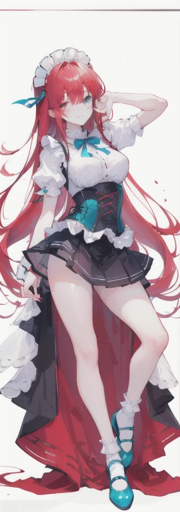 (long beautiful red hair) cyan eyes, (Eyes behind long bangs) big breasts, using accessories (using socks) perfect shiny beautiful cyan shoes (Wearing luxurious palace maid clothes Perfect perfect noble)  Pose facing sideways (Girl1, straight hair not too long, bangs covering one eye, soft face, gentle smile) ((Standing position with long legs, bare thighs, image position visible from bottom of feet to top of head) long red hair, beautiful cyan eyes (Free pose, right hand down, left hand down, ((Free pose))smile kawai, (blank white background) Wearing a blue corset, (Using a beautiful bright blue ribbon) Kawai shy cute eyes (cyan colored shoes must be shiny, Must wear short white socks) ((short skirt)) short sleeves (image according to tag) Straight hair 