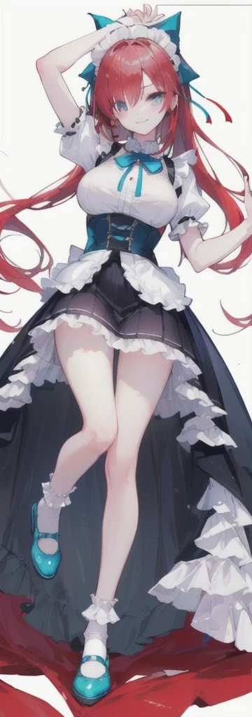 1girl, red hair, green eyes, freckles, pigtails, medium chests, hair intakes, black dress, puffy sleeves, black footwear, white background, full body, simple background, anime waifu style