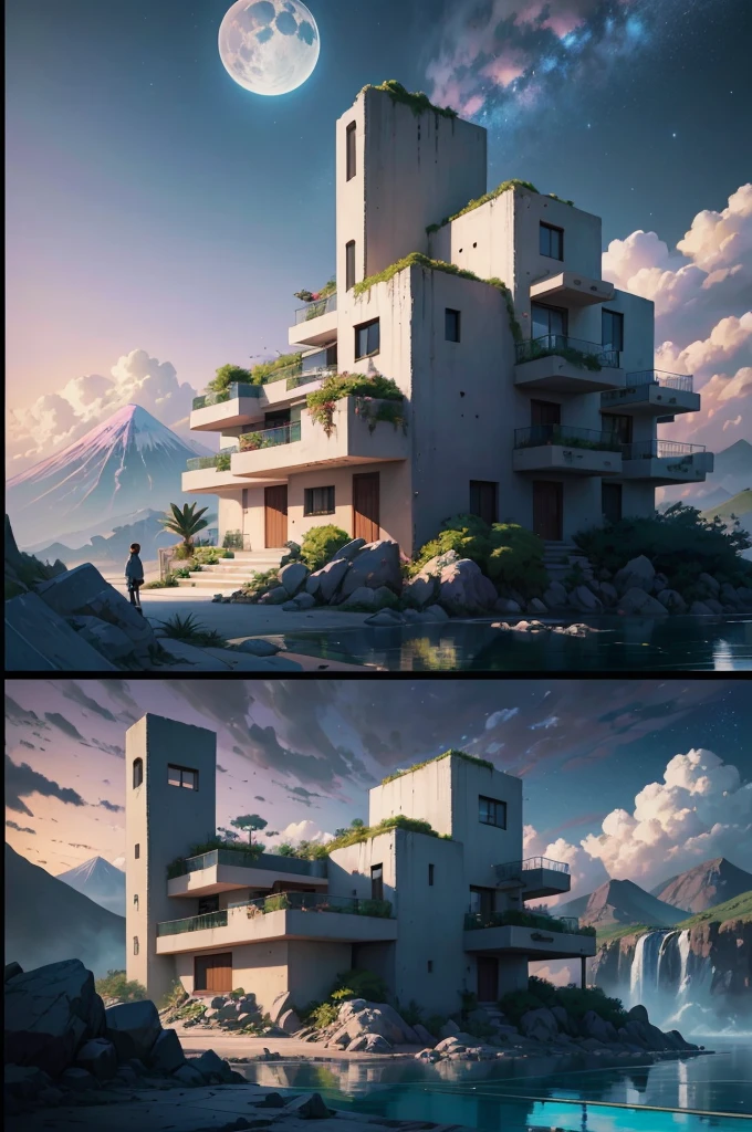 anime (best-quality:0.8), (best-quality:0.8), perfect anime illustration, we've been trying to reach you about your cars extended warranty, An illustration in collage style, with giant boulders, brutalist building sections, terraces, stairs, cacti, agave, concrete texture, multiple geometric shapes, hatch and cross hatching, planet saturn, volcano, moon, Luis Barragán's architectural style build, milky way galaxy, violet, one motorcycle, An illustration in collage style, with giant boulders, brutalist building sections, stairs, cacti, agave, concrete texture, multiple geometric shapes, hatch and cross hatching, planet saturn, volcano, moon, Luis Barragán's architectural style build, reflective pool, terraces. An elegant and modern build, in top of big boulders, with terraces, materials concrete, wood, steel and crystal, various gardens with tropical vegetation, cacti and rocks, stairs, a pool. In middle of sea, a big wave near, sunset, mountains and a volcano in the horizont, cute islands around, illustration format, cute color palette, detailed, masterpiece, award-winning work A 1999 Nissan GTR in Tron form r34 horizonte Lamborghini under a pink and purple sky, an anime drawing by Makoto Shinkai, trending on pixiv, magical realism, beautiful anime scene, cosmic skies. by makoto shinkai, ( ( makoto shinkai ) ), by makoto shinkai, anime background art, style of makoto shinkai
