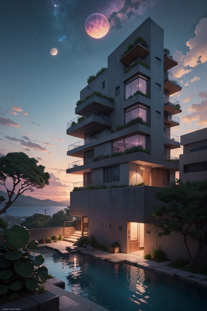 anime (best-quality:0.8), (best-quality:0.8), perfect anime illustration, we've been trying to reach you about your cars extended warranty, An illustration in collage style, with giant boulders, brutalist building sections, terraces, stairs, cacti, agave, concrete texture, multiple geometric shapes, hatch and cross hatching, planet saturn, volcano, moon, Luis Barragán's architectural style build, milky way galaxy, violet, one motorcycle, An illustration in collage style, with giant boulders, brutalist building sections, stairs, cacti, agave, concrete texture, multiple geometric shapes, hatch and cross hatching, planet saturn, volcano, moon, Luis Barragán's architectural style build, reflective pool, terraces. An elegant and modern build, in top of big boulders, with terraces, materials concrete, wood, steel and crystal, various gardens with tropical vegetation, cacti and rocks, stairs, a pool. In middle of sea, a big wave near, sunset, mountains and a volcano in the horizont, cute islands around, illustration format, cute color palette, detailed, masterpiece, award-winning work A 1999 Nissan GTR in Tron form r34 horizonte Lamborghini under a pink and purple sky, an anime drawing by Makoto Shinkai, trending on pixiv, magical realism, beautiful anime scene, cosmic skies. by makoto shinkai, ( ( makoto shinkai ) ), by makoto shinkai, anime background art, style of makoto shinkai