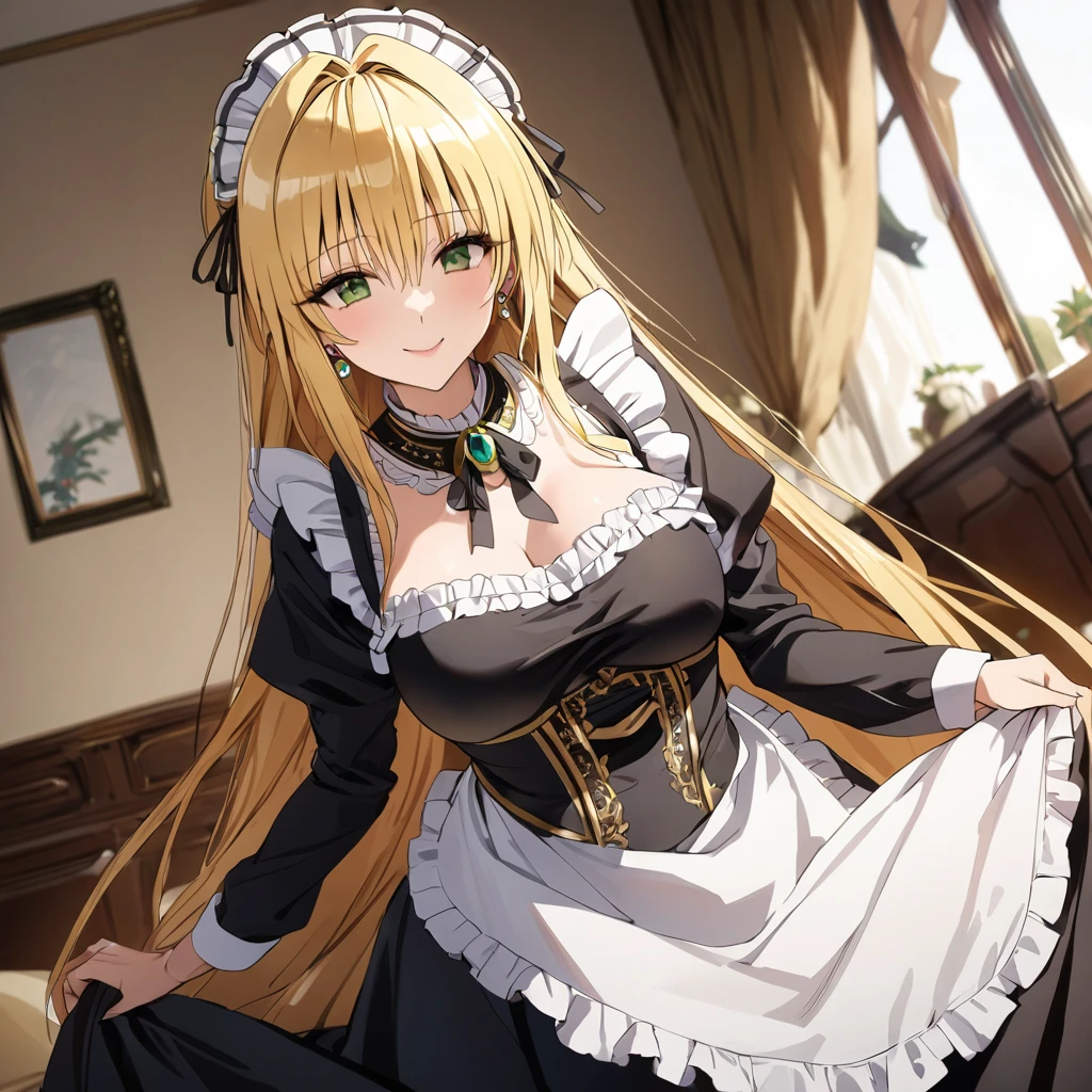 The luxurious and high-class Victorian maid outfit is evenly decorated with gorgeous gold embroidery and edging, and the blouse, apron, and headband also have gorgeous gold embroidery and edging.、((Highest quality)), ((masterpiece)), (detailed), （Perfect Face）、The woman is Tierre, with green eyes, medium-long blonde hair, a Victorian maid outfit and maid headband, jeweled earrings, and an engagement ring.、The woman is smiling fondly in a luxurious room、The Victorian maid uniform is a calm, old-fashioned type with long sleeves and a long skirt, decorated with luxurious gold embroidery and edging.