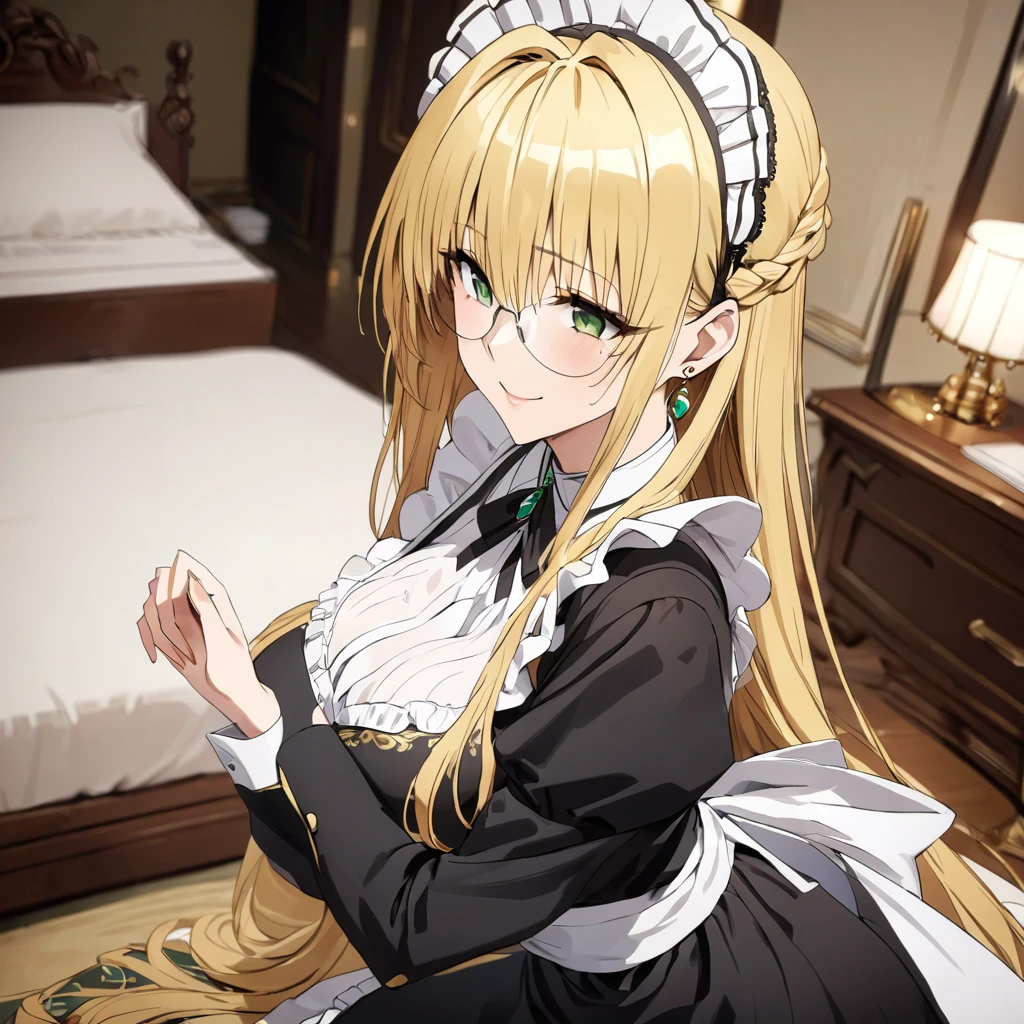 The luxurious and high-class Victorian maid outfit is evenly decorated with gorgeous gold embroidery and edging, and the blouse, apron, and headband also have gorgeous gold embroidery and edging.、((Highest quality)), ((masterpiece)), (detailed), （Perfect Face）、The woman is Tierre, with green eyes, medium-long blonde hair, a Victorian maid outfit and maid headband, jeweled earrings, and an engagement ring.、The woman is smiling fondly in a luxurious room、The Victorian maid uniform is a calm, old-fashioned type with long sleeves and a long skirt, decorated with luxurious gold embroidery and edging.