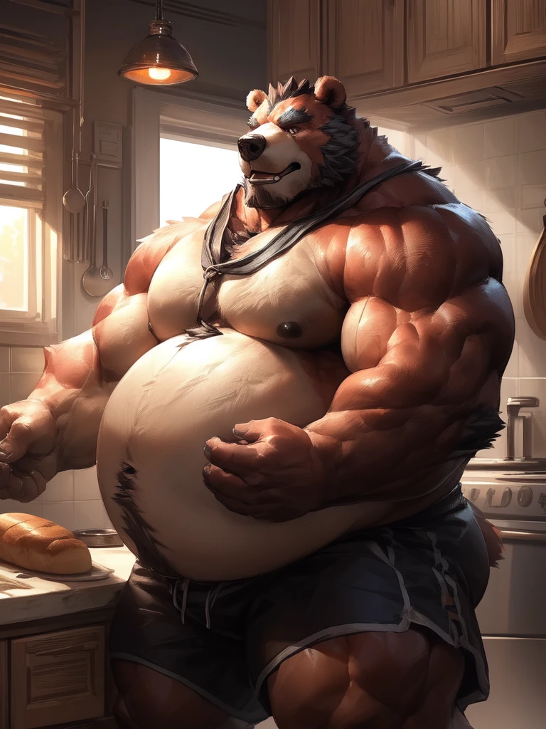 lindong, lucusold, a man with a huge muscular and fat bear making a bread, kitchen , ((muscular, musclegut, big belly)), thicc, giant and muscular, danbooru and artstation, heavy detailed, insanely inflated hips, proportionally arms, commission for high res, detailed but rough, semirealistic:1.3