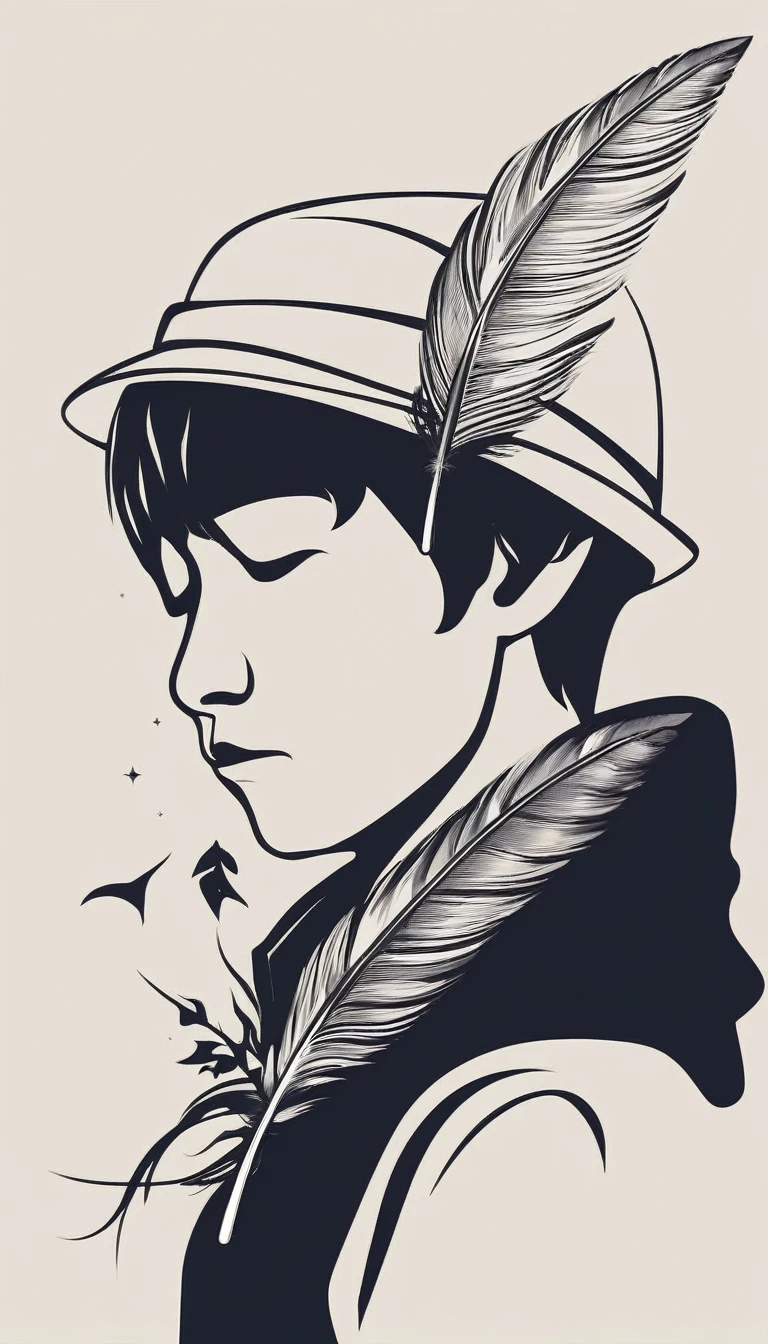 A minimalist, fantastic, poetic, dreamy, captivating, memorable, masterpiece, modern, simple logo design of a boy and a feather for the brand “Penamemoria". The logo must convey a sense of music, stories and dreams. Minimalistic logo design of a boy and a feather.