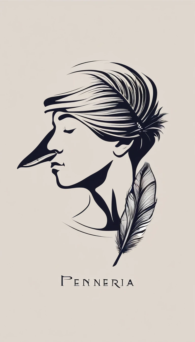 A minimalist, fantastic, poetic, dreamy, captivating, memorable, masterpiece, modern, simple logo design of a boy and a feather for the brand “Penamemoria". The logo must convey a sense of music, stories and dreams. Minimalistic logo design of a boy and a feather.