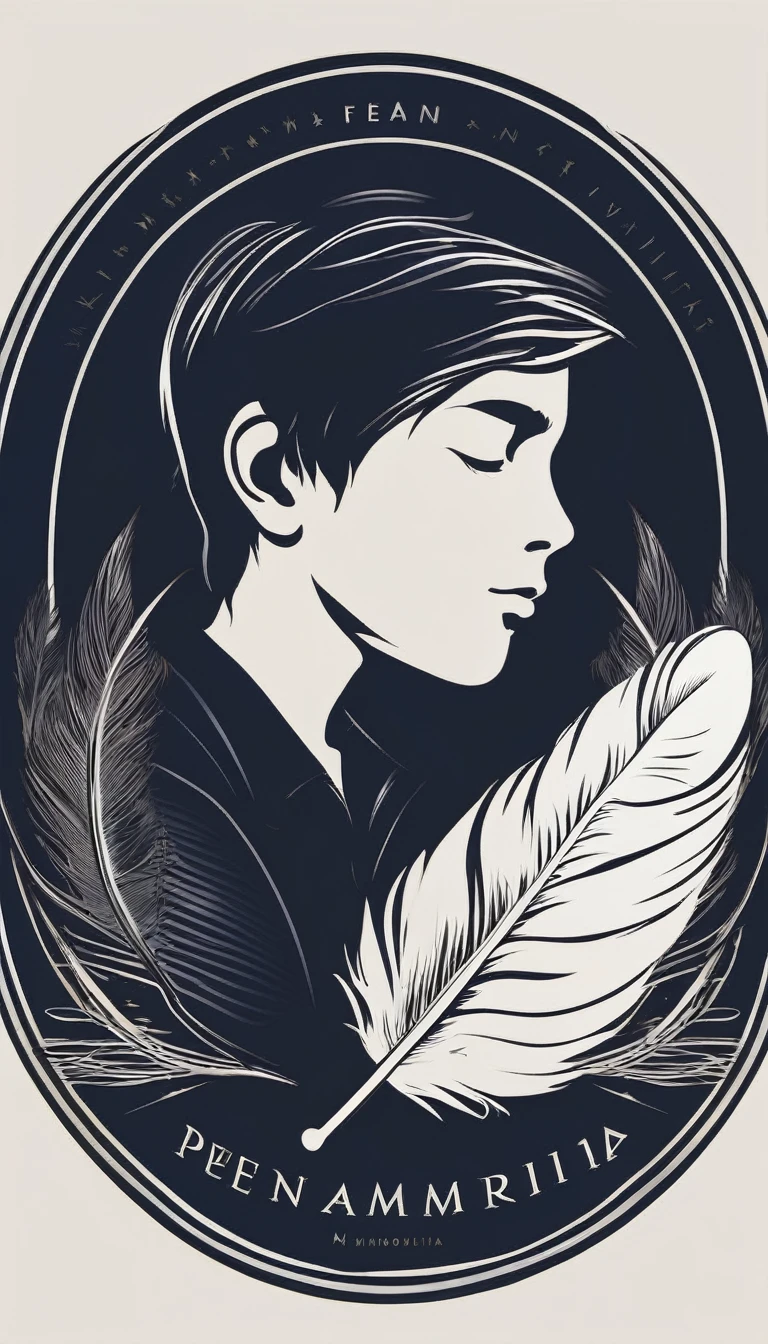 A minimalist, fantastic, poetic, dreamy, captivating, memorable, masterpiece, modern, simple logo design of a boy and a feather for the brand “Penamemoria". The logo must convey a sense of music, stories and dreams. Minimalistic logo design of a boy and a feather.