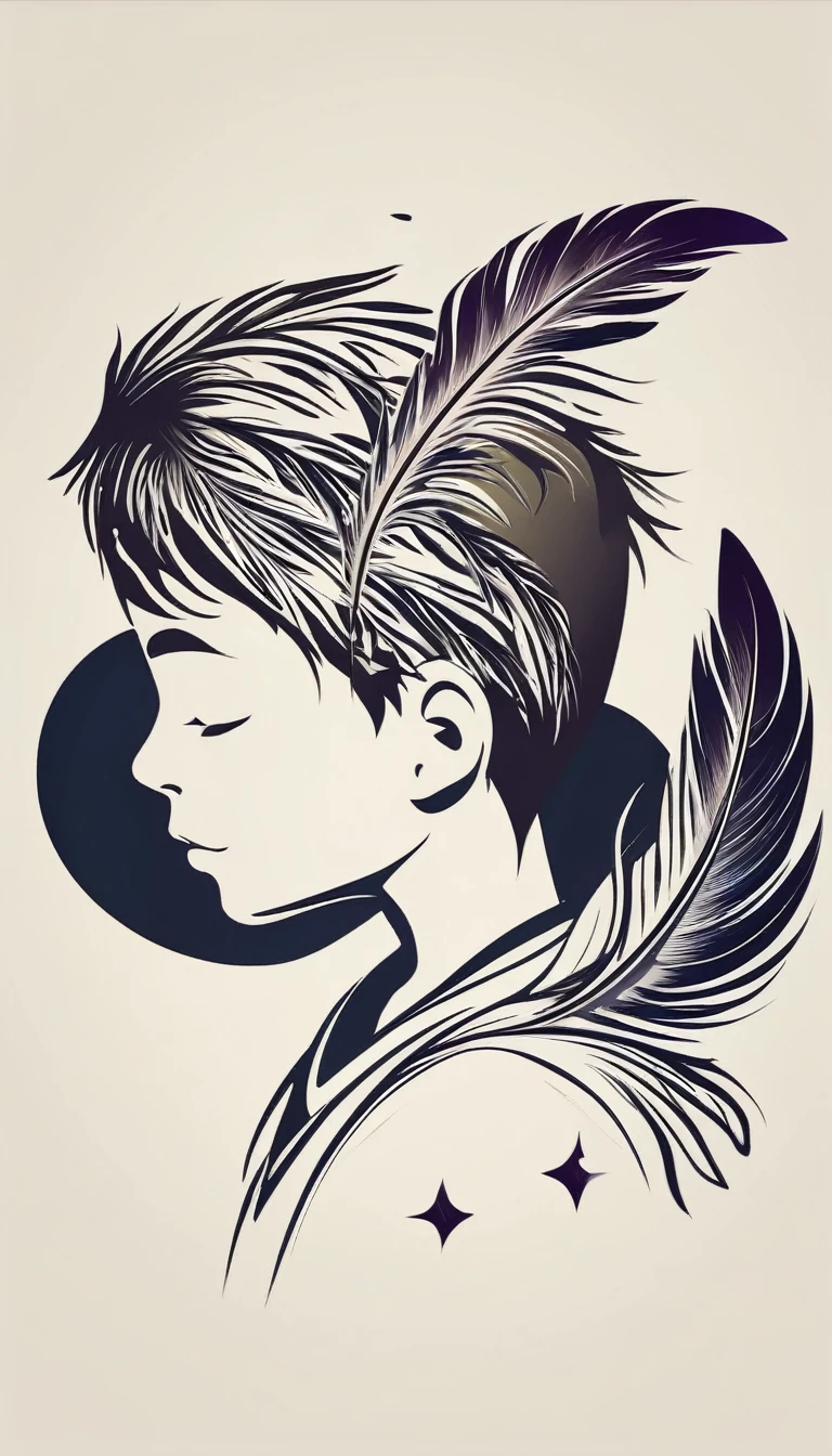 A minimalist, fantastic, poetic, dreamy, captivating, memorable, masterpiece, modern, simple logo design of a boy and a feather for the brand “Penamemoria". The logo must convey a sense of music, stories and dreams. Minimalistic logo design of a boy and a feather.