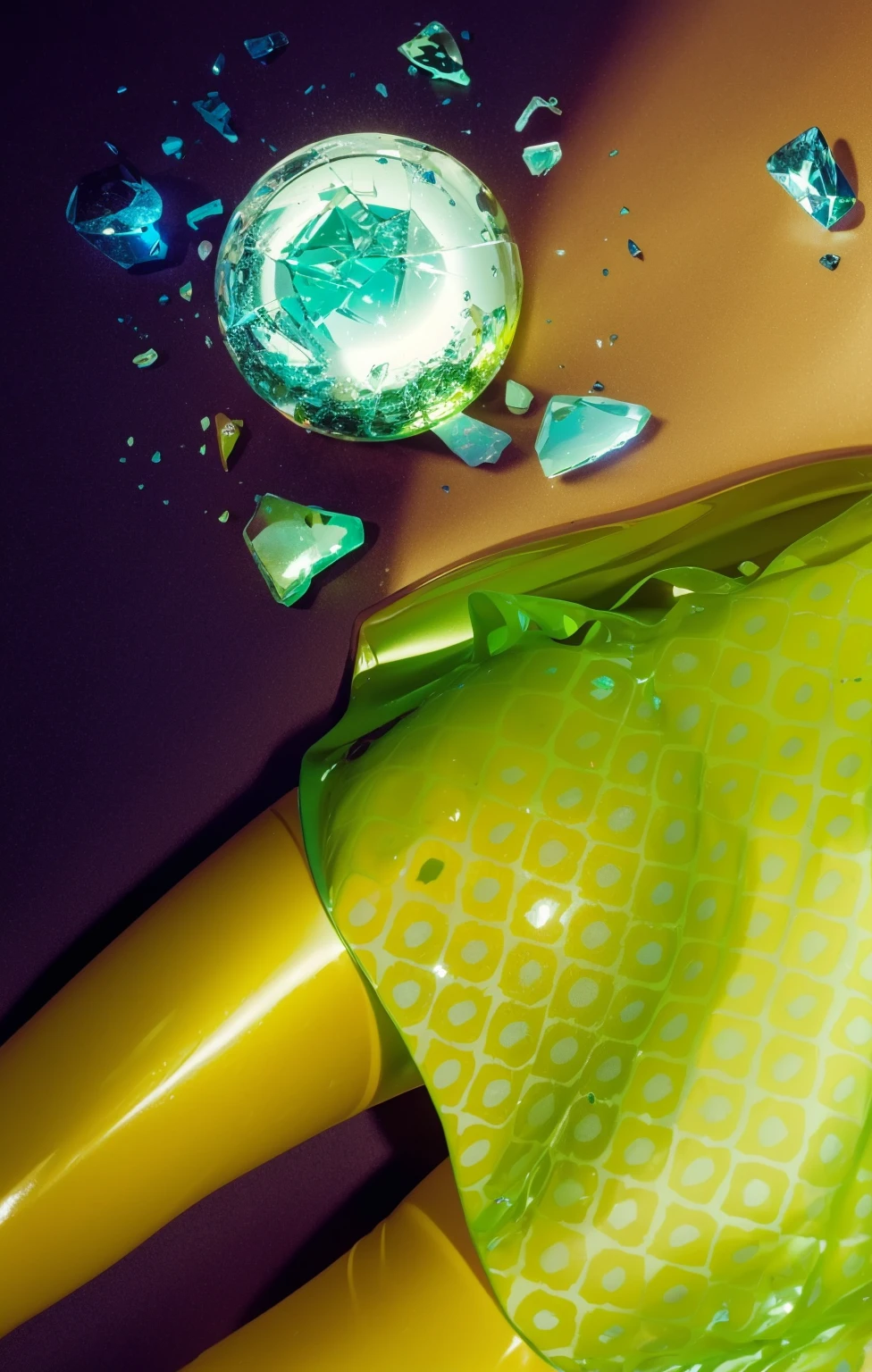 This image features a vividly rendered scene with a broken magical glass orb, lying scattered on a purple floor. The orb, shattered into several pieces, emits a radiant green glow, highlighting the intricate details and geometric patterns within its core. The glowing green light casts vivid reflections and shadows on the surrounding area, adding an ethereal and mysterious ambiance to the scene. The backdrop of the purple floor intensifies the contrast of the bright green shards, making the scene visually striking. The overall composition suggests a moment of dramatic transformation or destruction of a powerful, enchanted object. glossy texture, smooth 3d model, multiple light sources, rim light, sharp post effects render, (glossy plastic texture with multiple big light probe refractions), perfect cgi, smooth silhouette, high intensity refraction, (super glossy plastic material), most beautiful vfx, , realistic, 4k, high resolution, rim light, smooth 3d model, multiple light sources, rim light, sharp post effects render,, realistic, 4k, high resolution, rim light detailed digital art, reflective, best quality, 4k, masterpiece:1.2, ultra-detailed, realistic, vivid colors, The image of the highest quality, ensuring every detail showcased perfectly. It in 4k resolution, allowing viewers to immerse themselves in the richness of the colors and intricate details. The realistic rendering. under the spotlight, reflecting, high-resolution image, realistic rendering